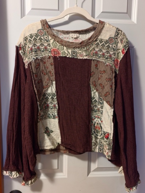 POL Tops - POL Anthropologie Boho Patchwork waffle thermal floral brown cream pullover Top